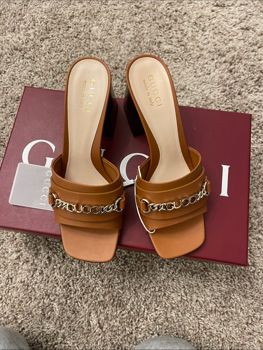 Gucci Brown Leather Chain-Trim Block Heel Slides